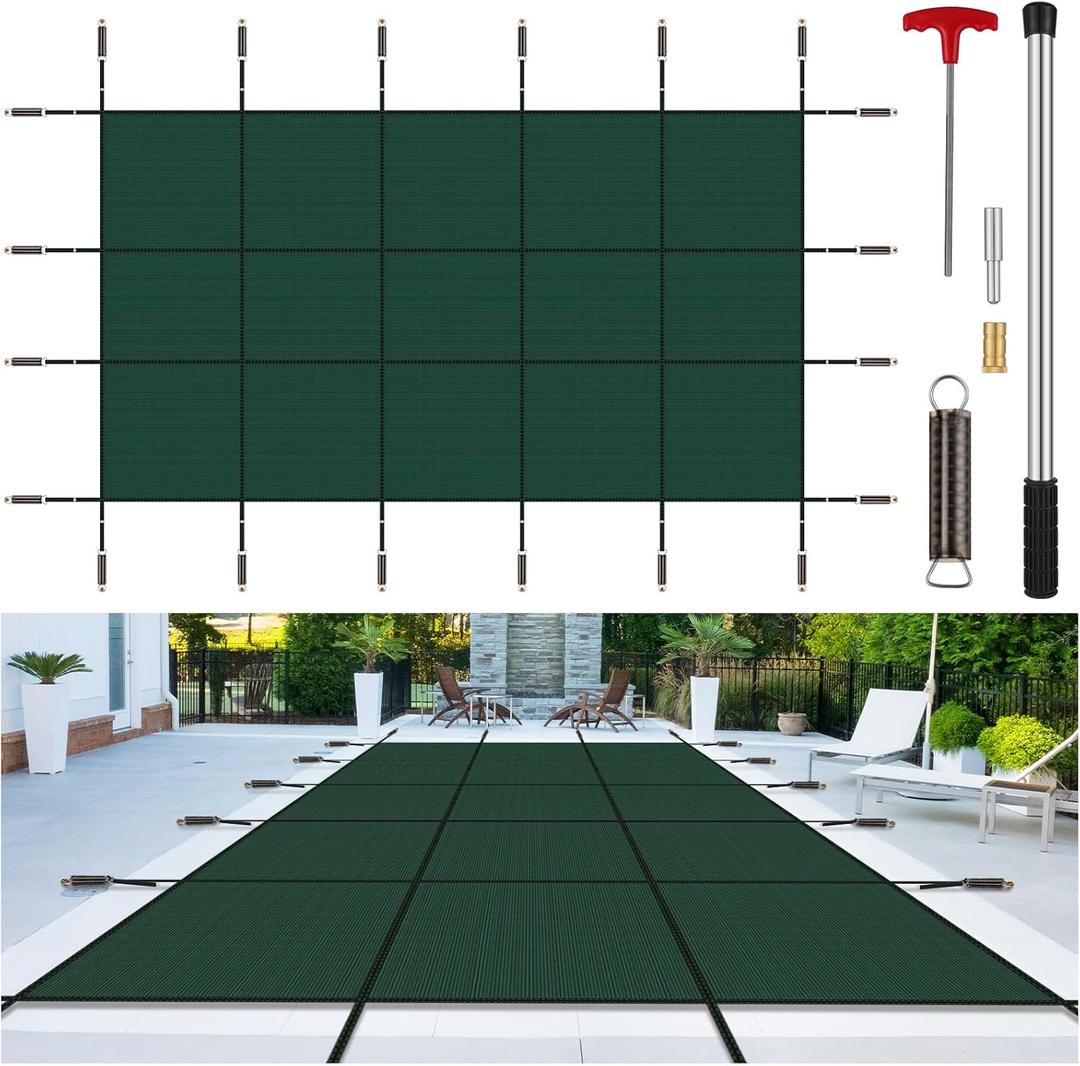 Inground Pool Cover Safety Fits 12x24ft Rectangle Swimming Pool, Mesh Solid Pool Cover for Inground Pools,Winter Pool Safety Cover Includes Safety Net and Installation Tools Green