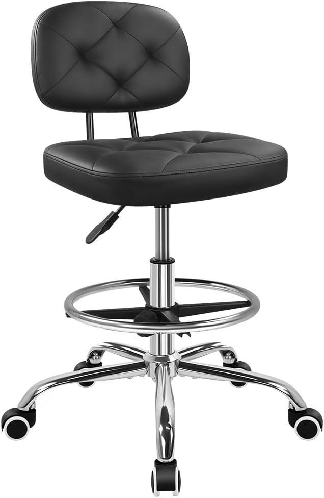 KKTONER Drafting Chair with Backrest Rolling Stool with Wheels Adjustable Footrest Swivel Chair Height Adjustable Office Chair for Shop Counter Studio Work Bar Kitchen (Black), Oversized