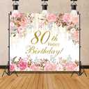 Happy 80th Birthday Backdrop Pink Watercolor Floral Golden Curtains Backdrop for Women Grandma Theme Birthday Party Decorations Banner Stylish Photography Background Studio Props 10x8ft