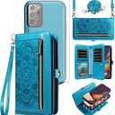 Asuwish Phone Case for Samsung Galaxy Note 20 Ultra 5G Zipper Wallet Cell Cover with Screen Protector Strap Flower Card Holder Note20 Plus Notes 20Ultra Note20+ U + 20+ Twenty Not S20 Women Girls Blue
