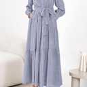 dowerme Women's Casual Dresses 2025 Fall Fashion Long Sleeve Button Up Floral Print Belted Tiered Boho Maxi Party Dress (Purple, S)