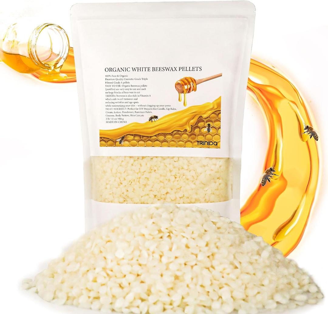 TRINIDa Beeswax Pellets 2LB(32 oz), 100% Organic White Bees Wax for DIY Candles, Beeswax for Candle Making, Skin, Body, Face, and Hair Care, Lotions, DIY Creams, Lip Balm and Soap Making Supplies