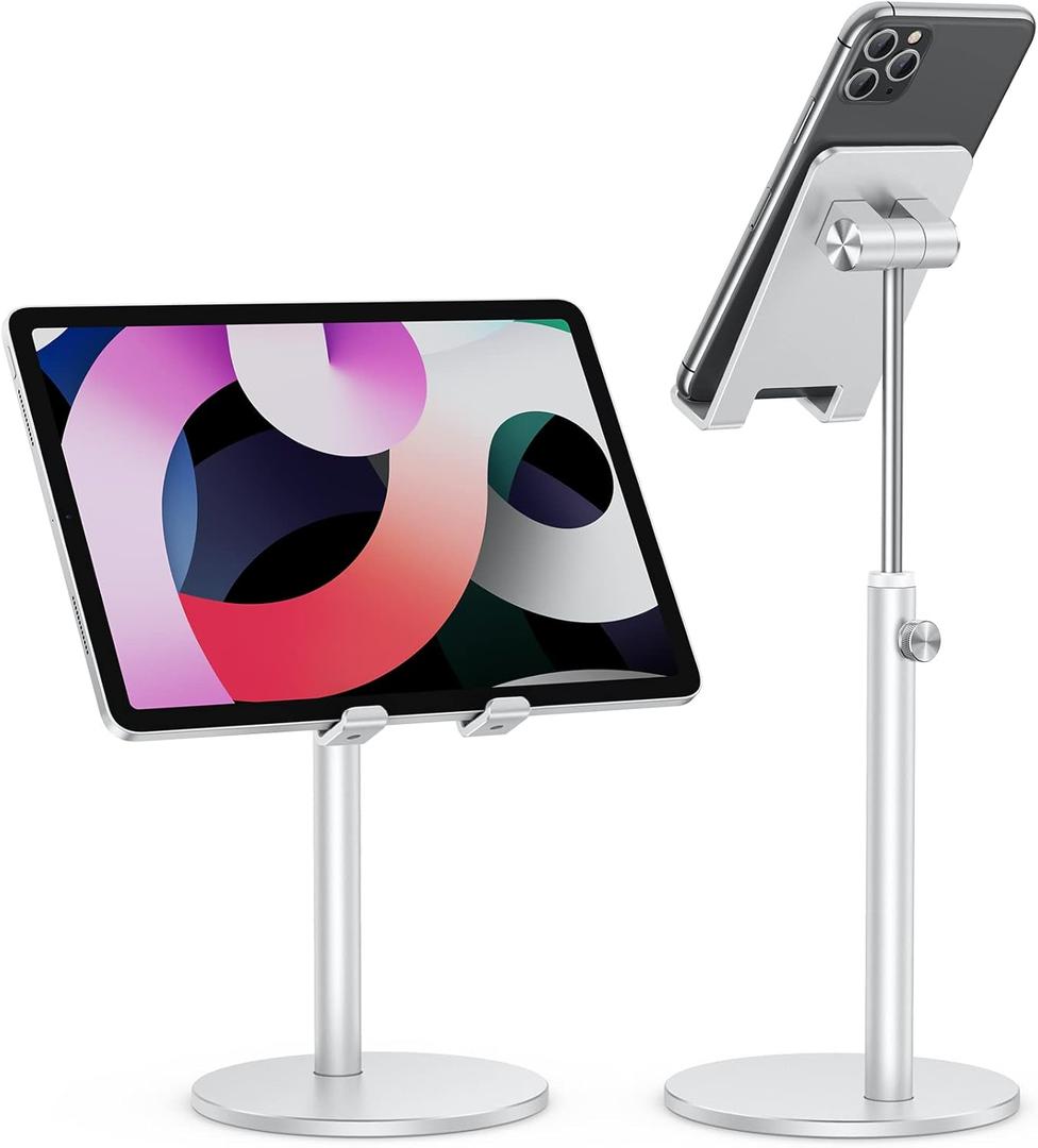 Cell Phone Stand, OMOTON Angle Height Adjustable Phone Stand, Aluminum Desktop Phone Holder Dock Stand for Desk, Compatible with iPhone 13/Mini/Pro/Max, All Smartphones and Tablets(4-11''), Sliver (Silver)