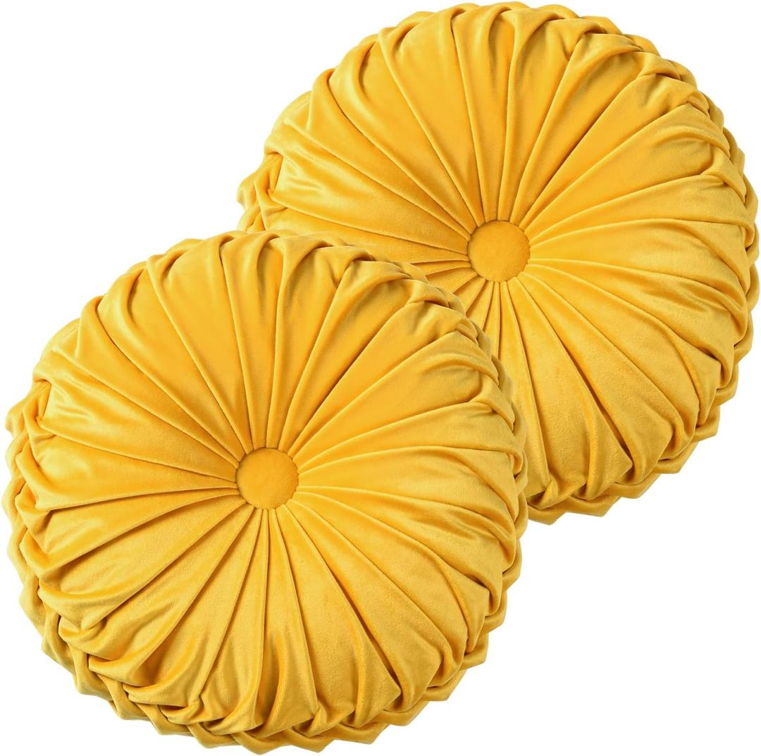 HIG Set of 2 Yellow Ruched Velvet Round Throw Pillows  14.5 Decorative Pillows with Soft Polyester Filling for Couch, Bed, Living Room, Bedroom, or Dorm  Handmade, Stress Relieving, All-Season