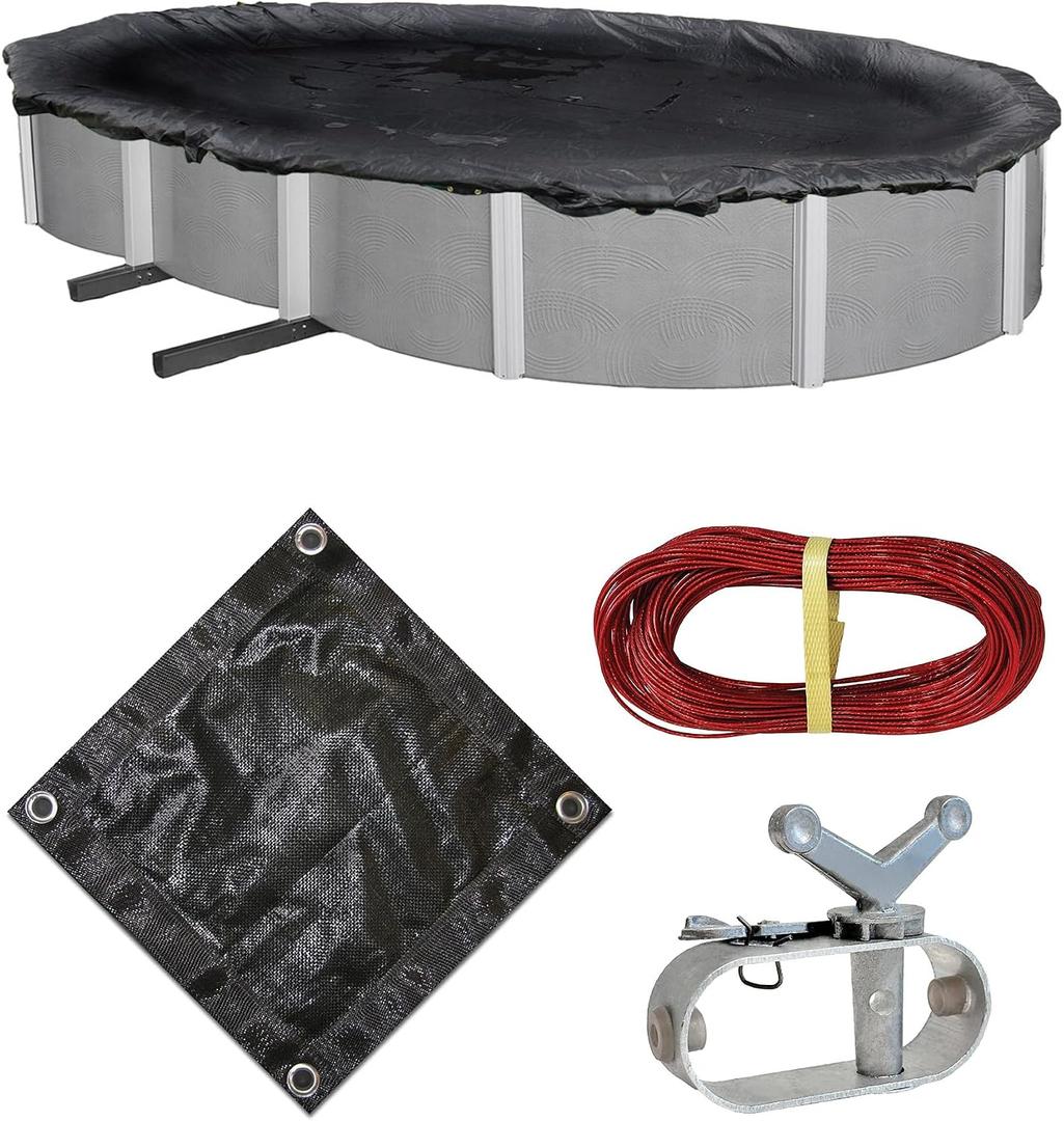 Blue Wave Rugged Mesh 8-Year 16 ft x 32 ft Oval Above Ground Pool Cover for Winter Fine Mesh Debris Barrier 4 ft Overlap, Reinforced Grommets, Vinyl-Coated Cable, Metal Winch Black - BWC632, 36' x 20'