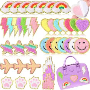 Yilloog 40 Pcs Self Adhesive Chenille Patches Colorful Cute Chenille Embroidered Patches Glitter Chenille Patches Sticker Applique for Clothing Fabric Jacket DIY Backpack Repair Decor(Cute)