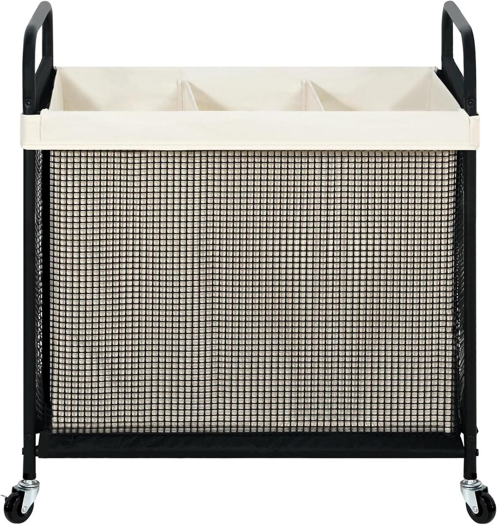 STO STO Laundry Hamper 3 Section, 120L Rolling Laundry Sorter Cart with Removable and Washable Liner Bag, Rolling Clothes Hamper with Metal Handle for Laundry Room and Bedroom (Beige)