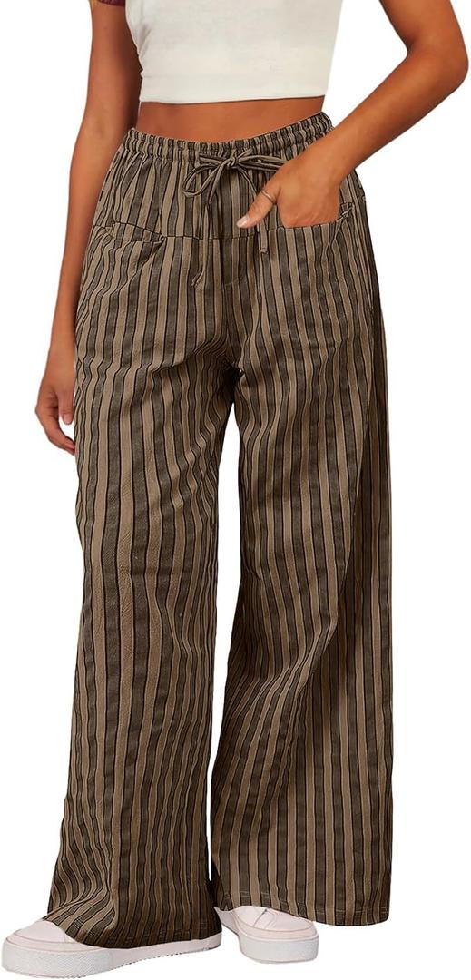 Acelitt Women Casual Drawstring Elastic Waist Loose Wide Leg Striped Pants with Pockets, (Large)