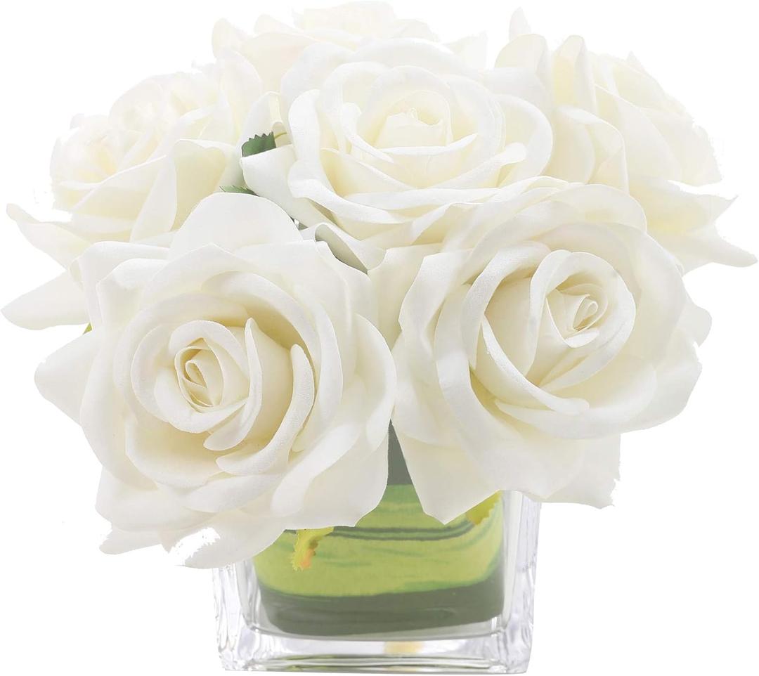 Fule Artificial Velvet Rose Flower Centerpiece Arrangement in vase for Home Wedding Decoration, Pack of 2 (Ivory)
