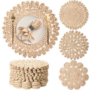 Set of 12 15'' Extra Large Round Corn Husk Placemats Boho Woven Rattan Table Mats Rustic Farmhouse Plate Charger Natural Wicker Place Mat for Dining Table Home Wedding Thanksgiving Christmas