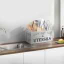 Suli Extra Large Kitchen Utensils Holder with 4 Compartments, Wooden Utensil Organizer for Kitchen Countertop, Farmhouse Decor, Rustic Cooking Utensil - White grain