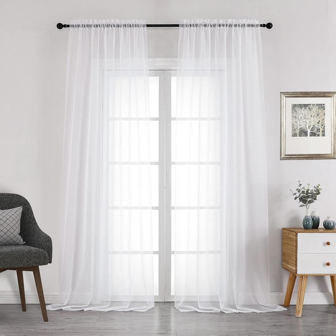 Chyhomenyc White Sheer Curtains 108 Inch Length 2 Panels Set, Extra Long Light Filtering Solid Voile Window Drapes for Living Room Party Ceremony, 42Wx108L, 9FT Length, Set of 2, White