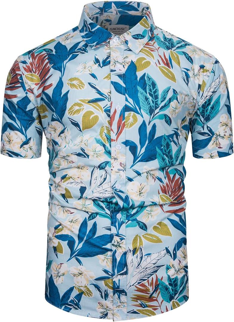 TUNEVUSE Men Floral Shirt Short Sleeve Button Down Flower Shirt Summer Beach Hawaiian Shirt Cotton (Blue, XL)