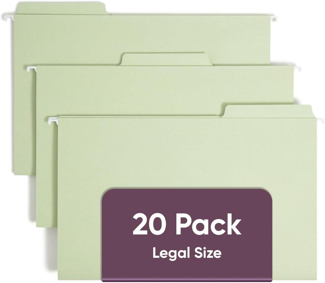 Smead FasTab Hanging File Folder, 1/3-Cut Built-in Tab, Legal Size, Moss, 20 Count (64083)