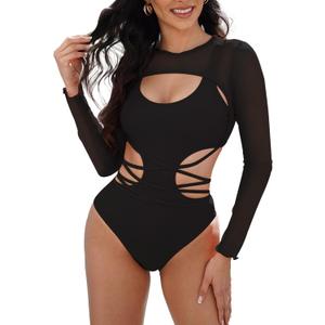 Kisscynest Women's Sexy Cutout One Piece Swimsuit Monokini with Long Sleeve Coverup Shirt (Medium, Black)