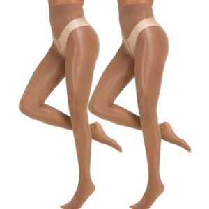 MANZI Shiny Pantyhose for Women 2 Pairs Shimmer Sheer Tights Ultra Silky (Large-X-Large, Brown)