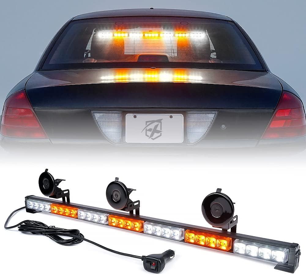 Xprite 31.5 Inch LED Strobe Traffic Advisor Light Bar 21 Flashing Caution Patterns Directional Chase Lightbar w/Suction Cup Mount for Emergency Construction Vehicles Trucks SUV UTV, White Amber