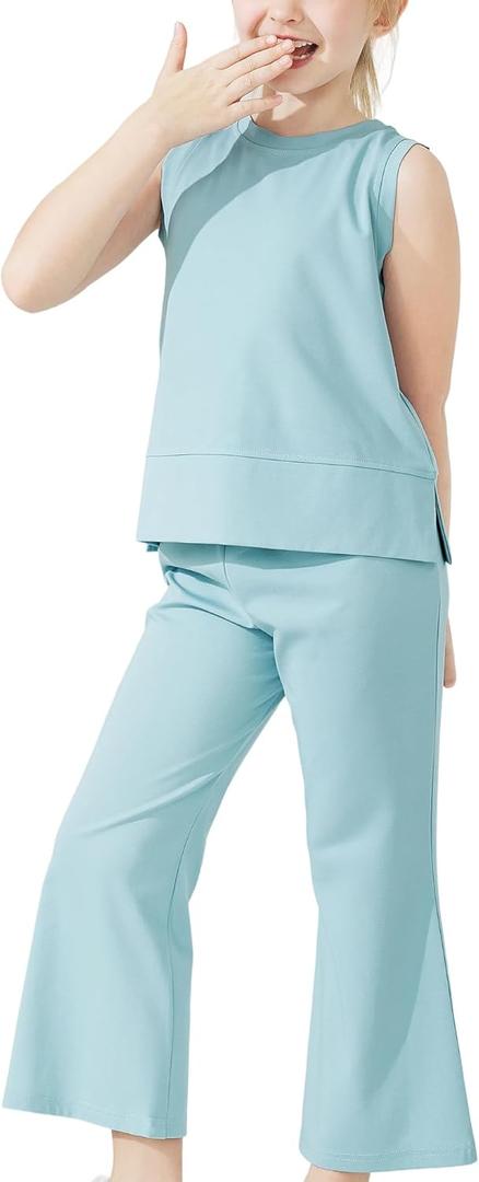 Kids Summer 2 Piece Outfits Sleeveless Split Tops Wide Leg Pants Sets Clothes 2025 Cute Suit (5-6 Years, Blue)