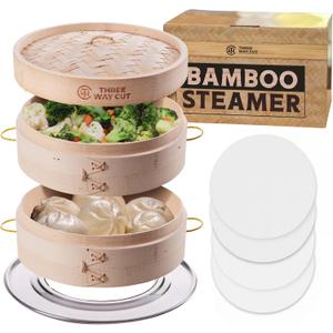 Bamboo Steamer 10 Inch 2 Tier Wooden Basket With Handle, Ring Adapter, Reusable Silicone Liner, Kit For Cooking Dumpling Baby Bao Bun, Dim Sum, Rice Potsticker Steaming Chinese Asian Food & Vegetables (3 Piece Set)