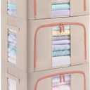 GuliPostan 3 Pack 100L Stackable Clothes Storage Bins with Metal Frame Handles & Zipper, Collapsible Closet Organizer Box with Lid for Bedding Blankets Towel (Beige)