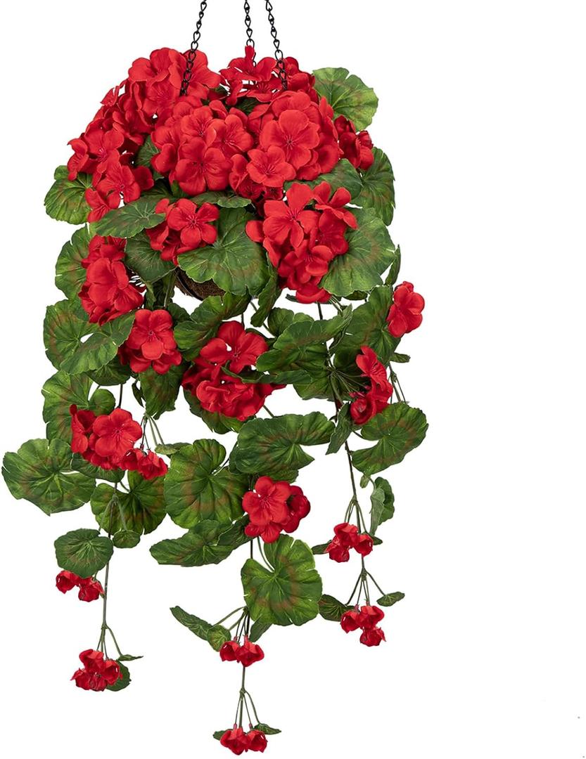 Briful Artificial Hanging Basket for Outdoor, Red Geraniums Fake Hanging Flowers Realistic Silk Flowers & Greenery Faux Hanging Baskets for Indoor Patio Balcony Ceiling