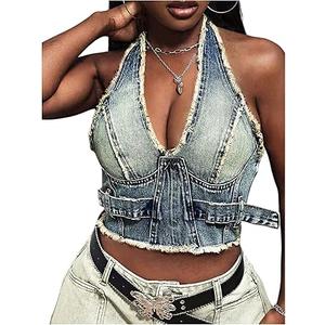 SHENHE Women's Denim Cami Backless Halter Neck Top with Fringe Trim Sleeveless, M