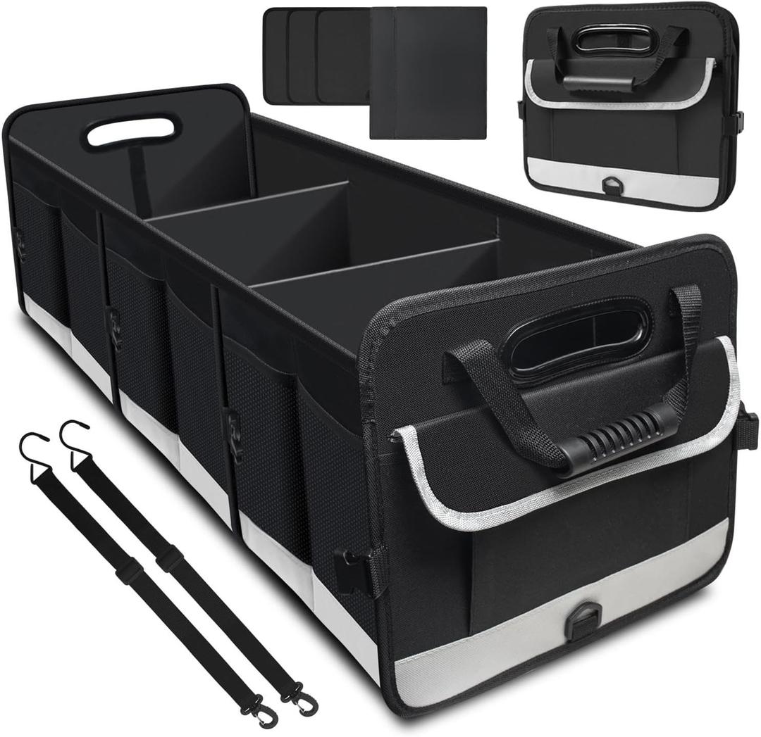 Trunk Organizer for Car, 95L Large Capacity Storage with Non-Slip Bottom Strips and 2 Retractable Straps, Cargo Organizer for SUV, Truck, Sedan, Waterproof Portable Car Organizers for Women Men (Black Gray)