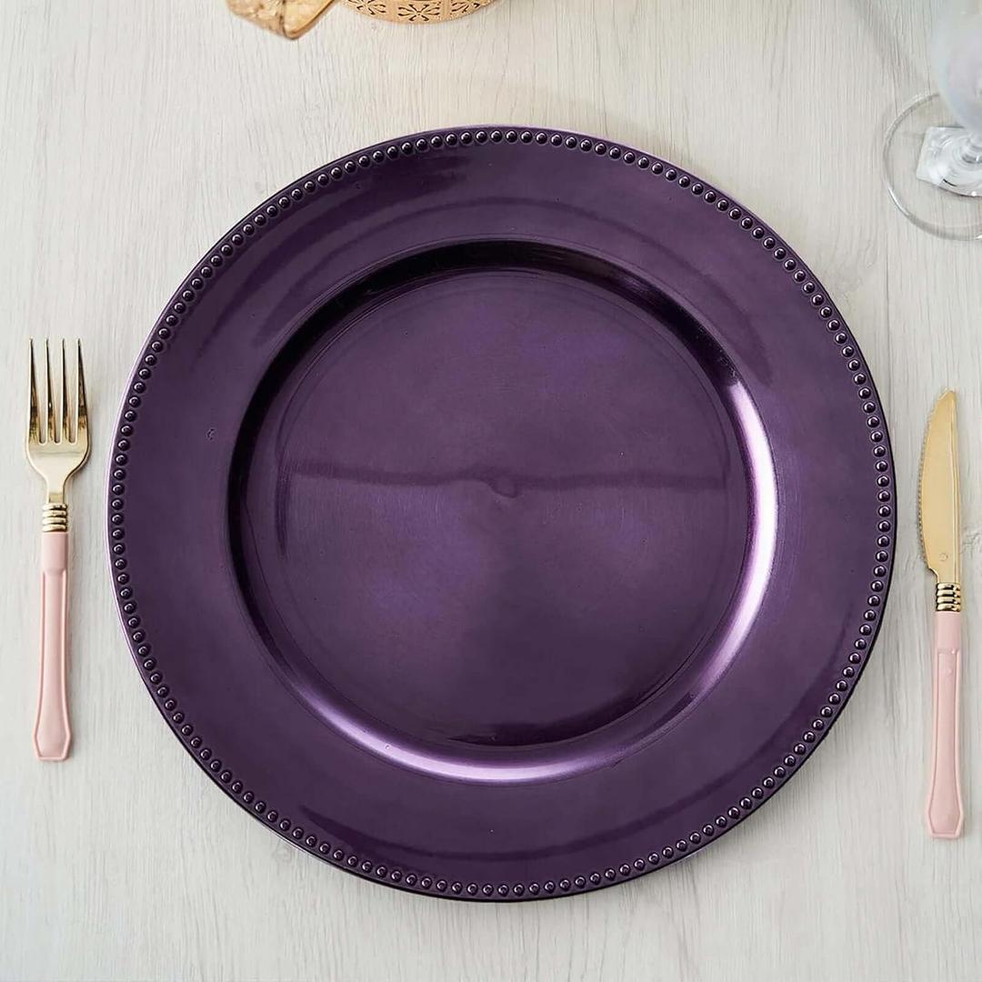 13" Charger Plates -Set of 12 - Acrylic Purple Round Beaded Disposable Chargers, Ideal for Dinner Party Wedding Bulk Events Tabletop Decoration Purple