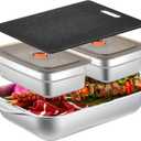 4 Pcs Grill Prep Trays Set Includes Stainless Steel Grilling Prep and Serve Tray Grill Platter 2 Marinade Container with Lids and Cutting Board for BBQ Outdoor Grilling (Deep Tray)
