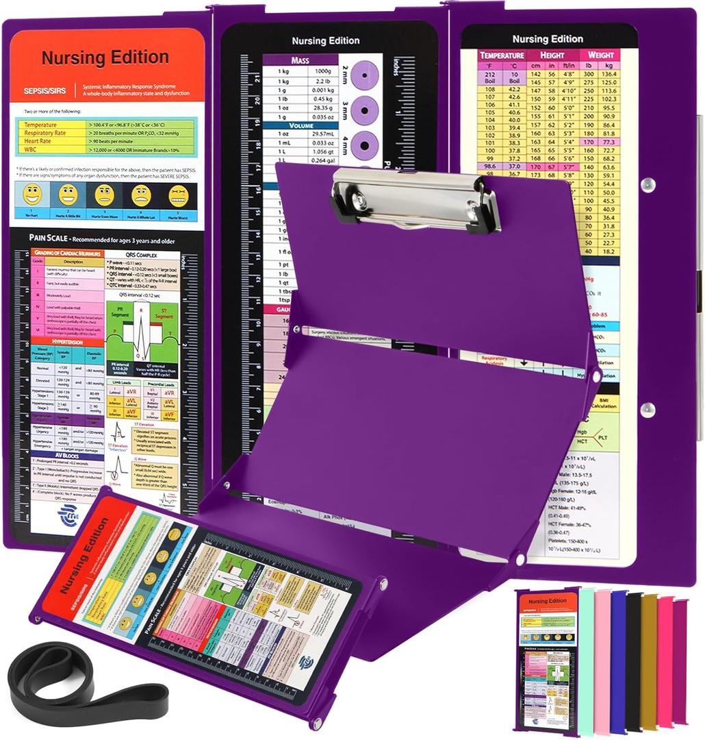 Nursing Clipboard with Nursing and Medical Edition Cheat Sheets 3 Layers Aluminum Foldable Nurse Clip Board Nursing Student Essentials - Foldable Clipboard Nursing Nursing School Essentials (Purple)