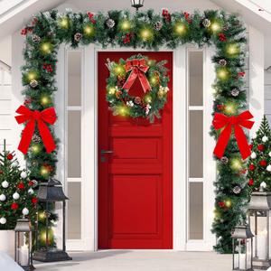 Yingzhao 6 Pcs Christmas Wreath Decoration Kit for Front Door Include 18FT 100 LED Lights Christmas Garland 20 LED Lights 16'' Xmas Wreath with Mental Hanger 2 Red Xmas Bows