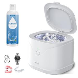 Bcom Retainer Cleaner, Ultrasonic Retainer Cleaner Machine with 50ml Solution, 46kHz Soinc Dentures Machine Professional Portablefor Dental Retainer, Mouth Guard, Watch, Ring, Household and Travel Use