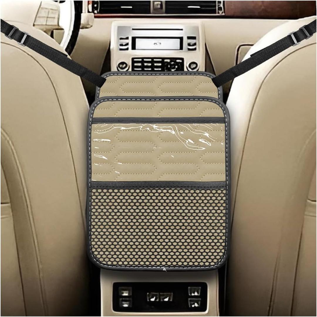 Car Between Seat Organizer, Premium Leather Auto Storage Bag, Large Capacity Cup Holder & Console Storage, Multifunctional Car Seat Gap Organizer with Barrier for Kids & Pets (Beige)