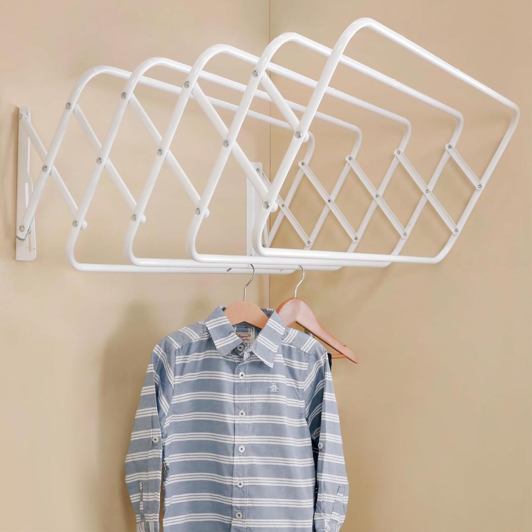 Steel Wall Mount Clothes Drying Rack, White Powder Coated, 9 Rods Expandable, for Laundry, Bathroom, Balcony,Indoor-Outdoor Use, 36 in wide