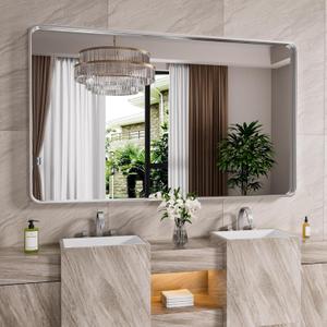 JISOSO Brushed Nickel Bathroom Mirror 60x30 Inch, Brushed Silver Metal Frame Mirror Wall Mounted, Rounded Rectangle Bathroom Vanity Mirror, Tempered Glass, Anti-Rust, Horizontal/Vertical