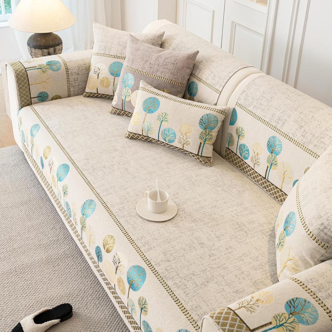 Boho Couch Cover, Non Slip Washable Sofa Covers, Chenille Couch Covers Quilted, Bohemian Sofa Slipcovers, Furniture Protector for L Shaped(White,36"x63"/Loveseat Sofa Cover)