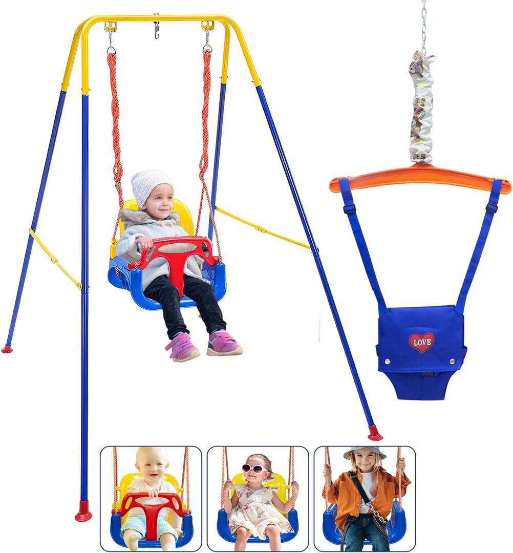 Toddler Swing Set, 3-in-1 Baby Swing Outdoor/Indoor, Toddler Swing&Jumper with Foldable Metal Stand, Baby Swing Outdoor for Aged 6 Months to 10 Years Old (Blue)