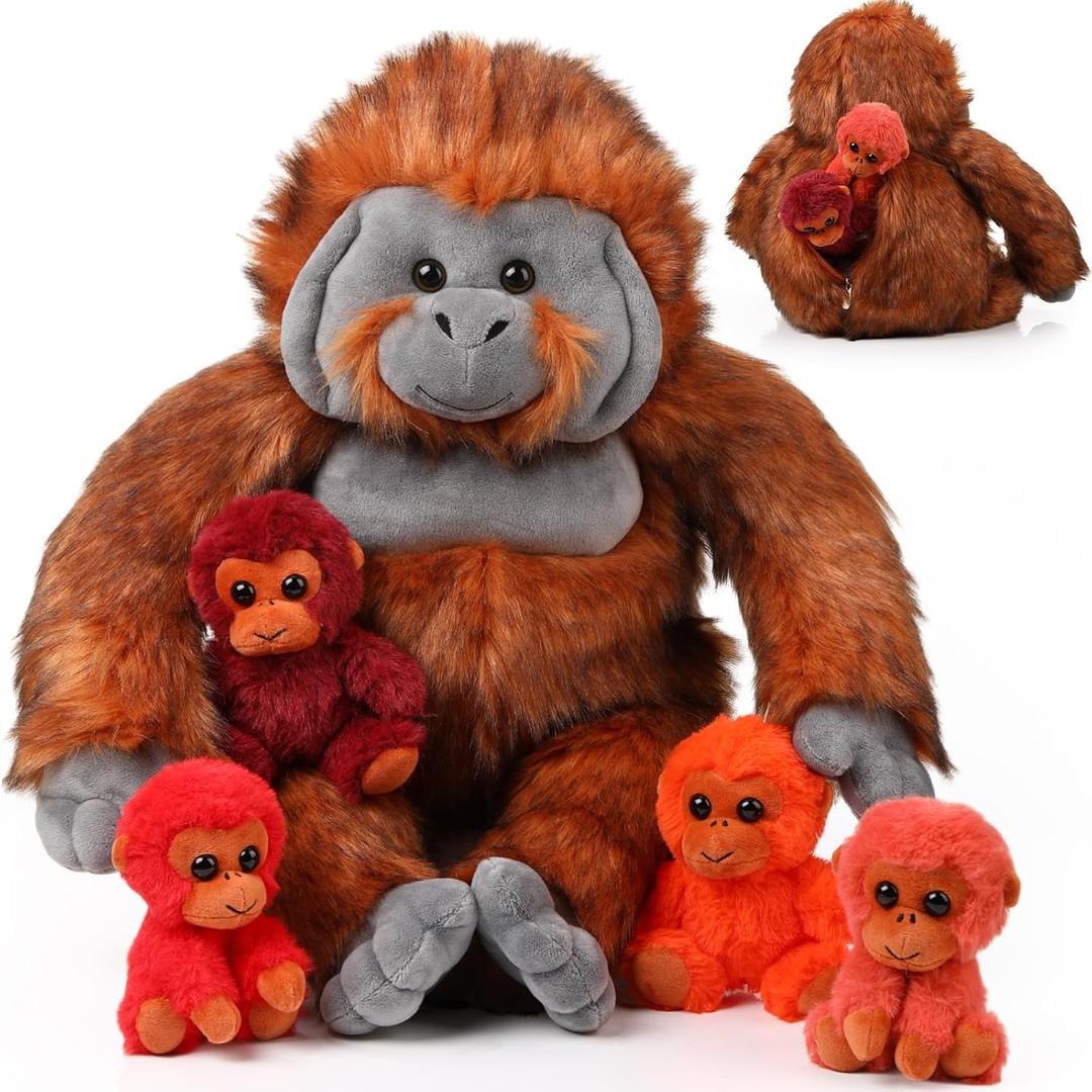 Lenwen 5 Plush Gorilla Orangutan Stuffed Animals Set 14 Inch Large Mommy Gorilla with 4 Baby Plush Toy Valentines Day Zippered Monkey Stuffed Gift for Forest Birthday Party Favor(Lovely Color)