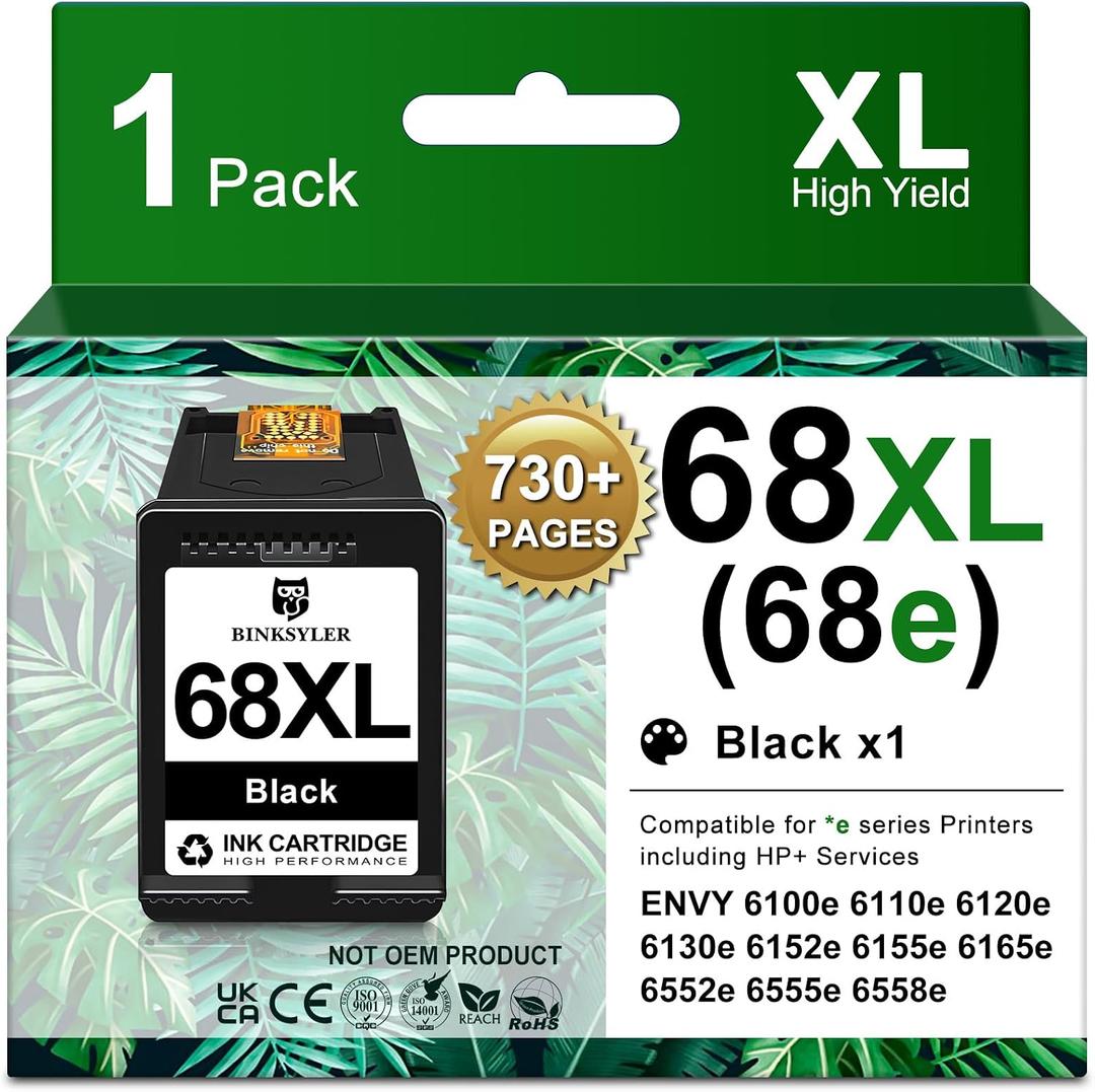 68XL 68e Ink Cartridges Black x1 Compatible for HP 68XL 68e 68 Ink, High Yield 730 Pages Work for Envy 6555e 6155e 6552e 6558e 6152e 6165e 6100e 6500e 6110e 6120e 6130e Printers