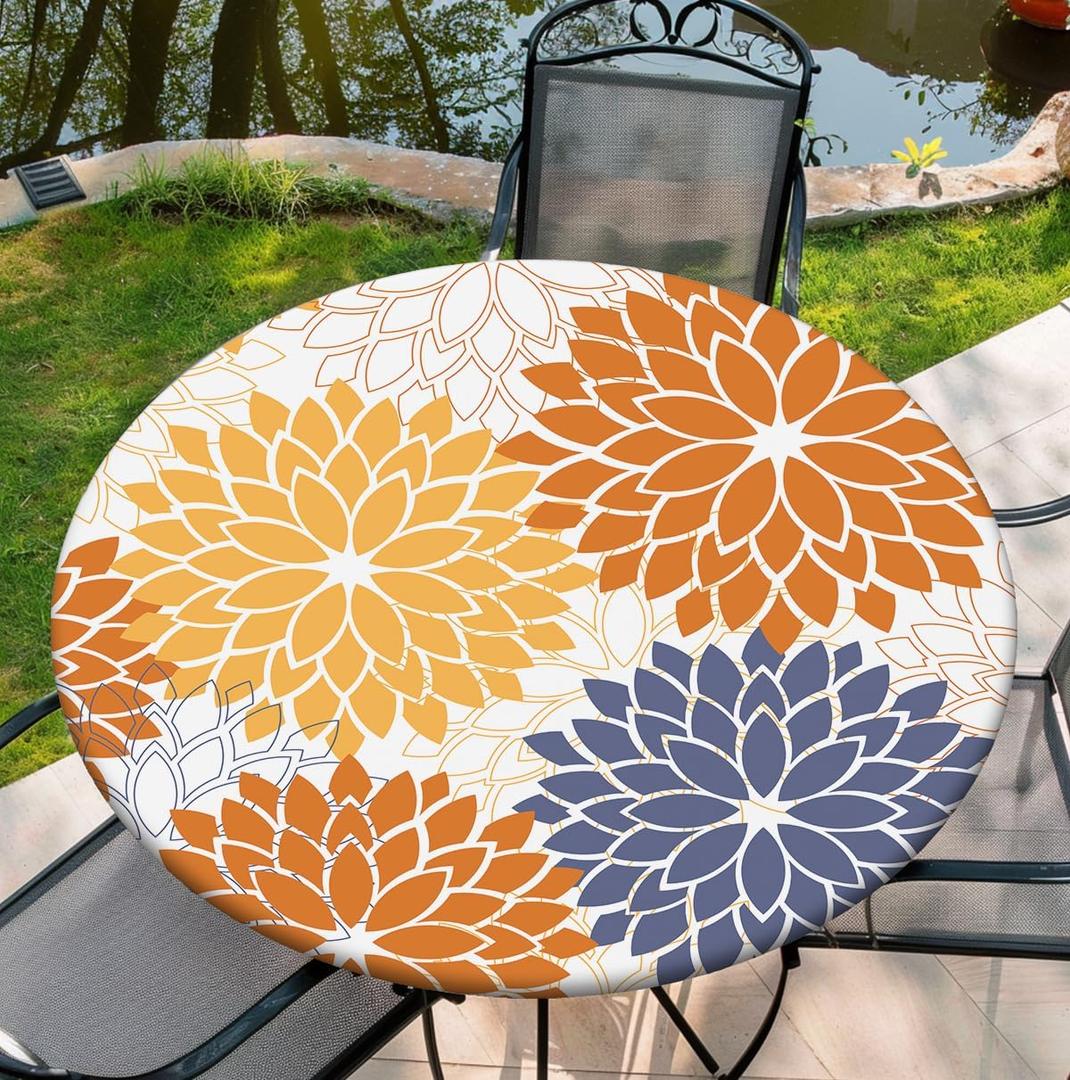 Round Tablecloth with Elastic Edge, 36-60Inch Waterproof Table Cloth for Dinner, Outdoor, Picnic, 60inch, Geometry