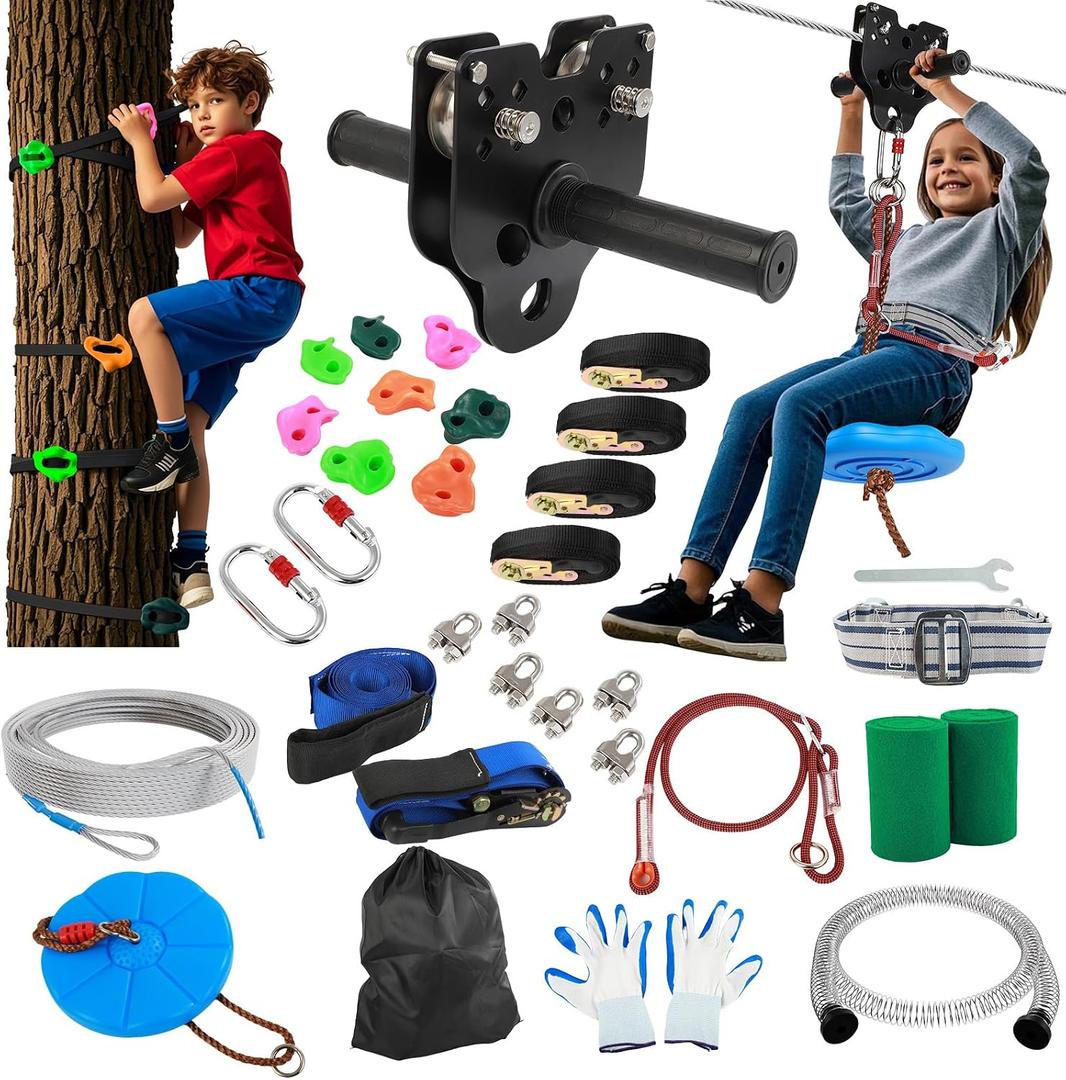 Zipline for Backyard Kids and Adults: 180FT Up to 400 lbs - Updated Removable Design Trolley, Thickened Seat, Safety Harness, Quick Tighten Zipline Kits for Outdoor