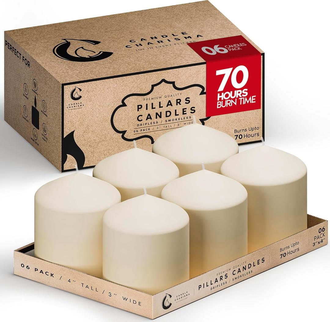 Candle Charisma Ivory Pillar Candles Bulk Pack of 6  (3x4 Inch) Long-Lasting 70-Hour Burn, Dripless & Smokeless  Perfect for Hassle-Free Decor at Weddings, Fall Table Centerpieces & Special Events