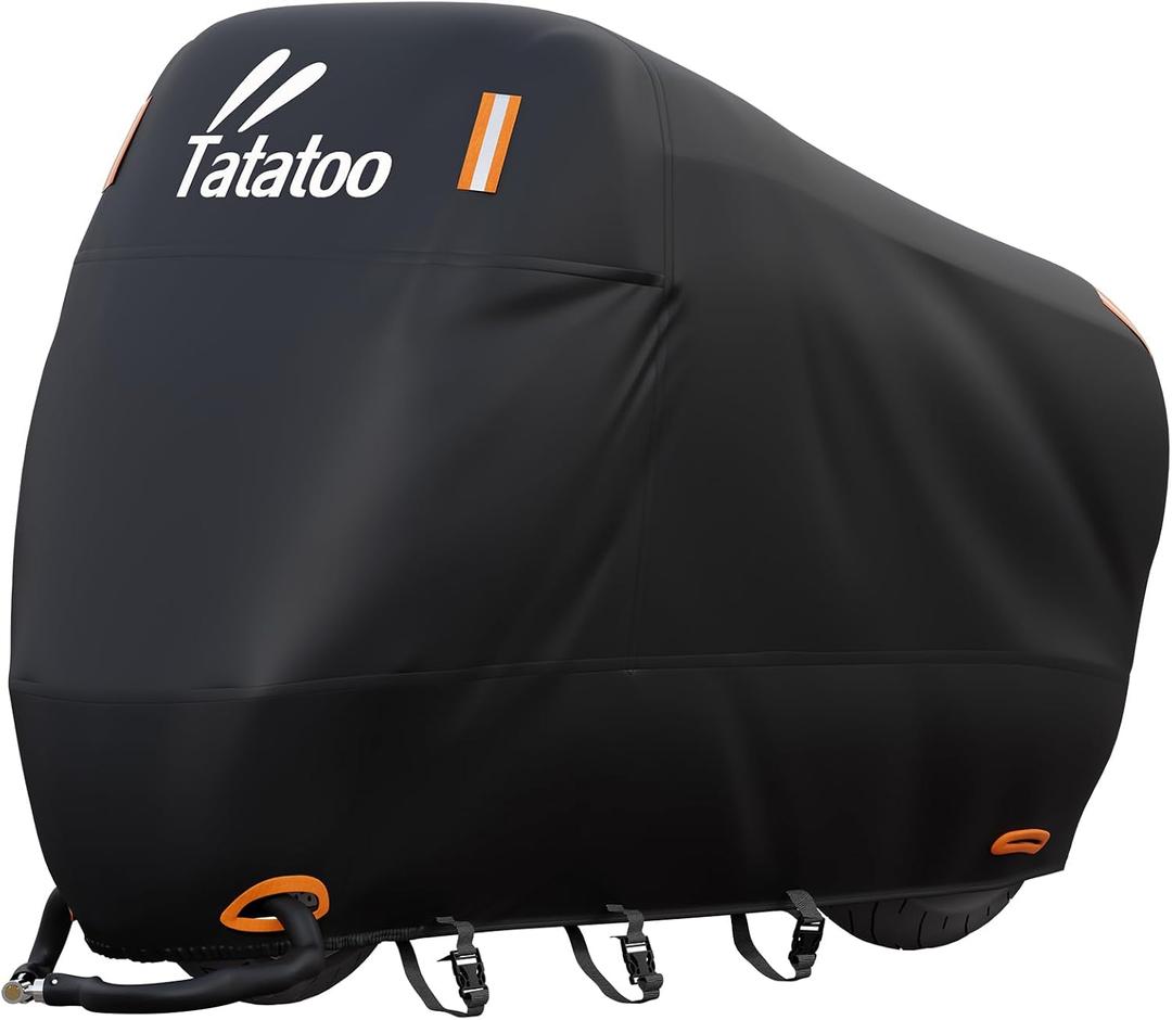 Motorcycle Cover Waterproof Outdoor, 300D Heavy Duty, UV & Rain Resistant, Windproof with 3 Buckles, Fits Most Motorcycles, Cruisers, Sportbikes, Dirt Bikes, Scooters up to 112.2"- 4XL Size