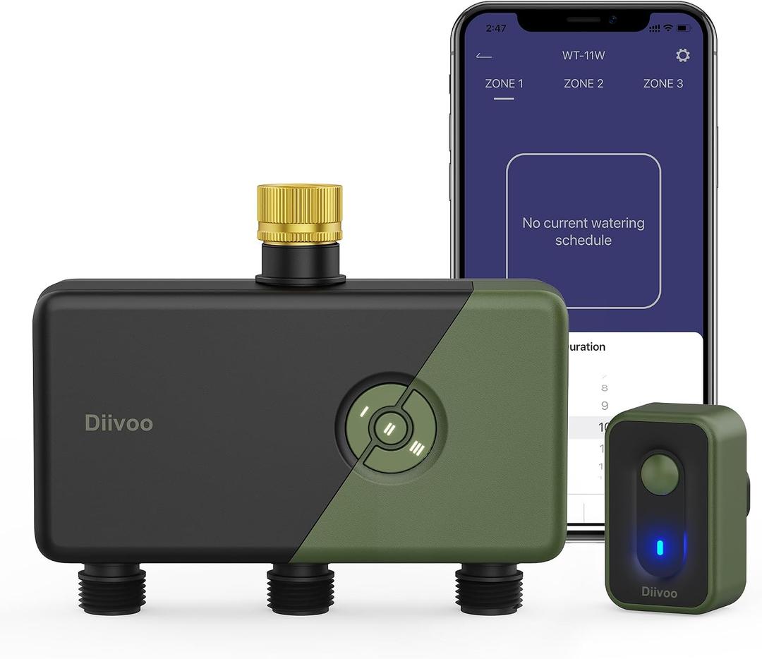 Diivoo 3 Zone WiFi Water Timer with Brass Inlet, Smart Sprinkler Hose Timer 3 Outlets Compatible with Alexa/Google Assistant, 18 Irrigation Plans, Rain Delay & Mist Mode for Garden Lawns (2.4GHz Only)