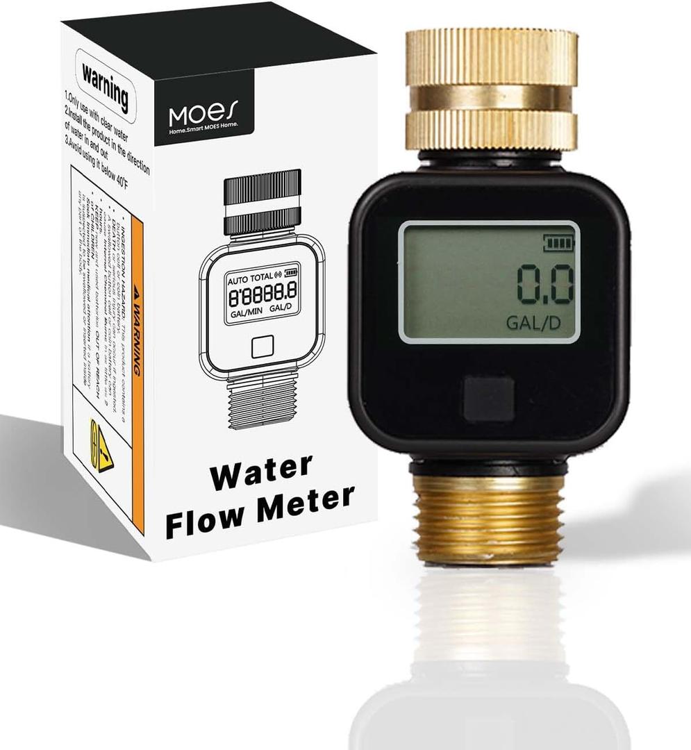 MOES Water Flow Meter with Brass Inlet & Outlet Metal Thread, Measure Gallon/Liter Consumption and Flow Rate for RV Water Tank Filling, Outdoor Garden Hose Watering, Lawn Sprinkler and Nozzle Sprayer