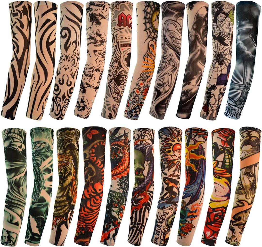 HOVEOX 20pcs Temporary Tattoo Arm Sleeves Arts Fake Slip on Arm Sunscreen Sleeves Body Art Stockings Protector -Designs Tribal, Tiger, Dragon, Skull, and Etc Unisex Stretchable Cosplay Accessories