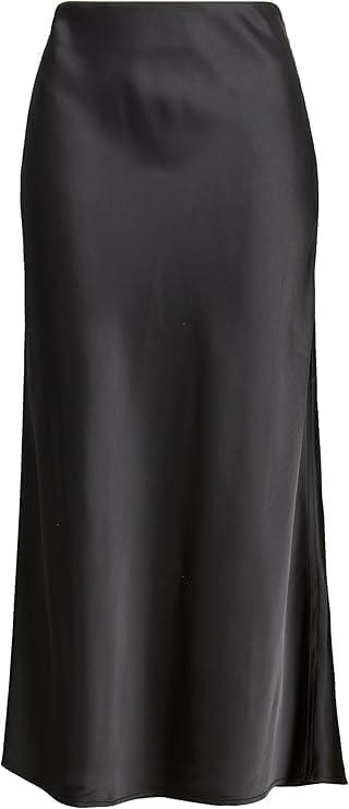 Women Solid High Waist Silky Casual Elastic Satin Long Skirt Ankle Length, XL