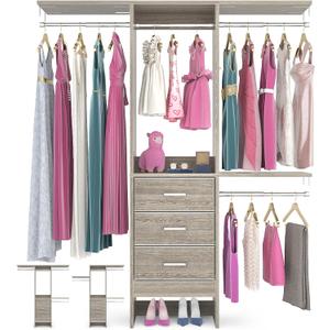 Besiost 4FT Small Closet System with 3 Fabric Drawers, 48'' Closet Organizer System With 3 Adjustable Shelves, Flexible Built-In Clothes Garment Rack for Small Space, 48"L x 13"W x 71"H, White Oak
