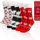3 Pairs Christmas Fuzzy Warm Slipper Socks for Women,Soft Sherpa Fleece Lining Socks with Grippers Non Slip,One Size (Multicolor)