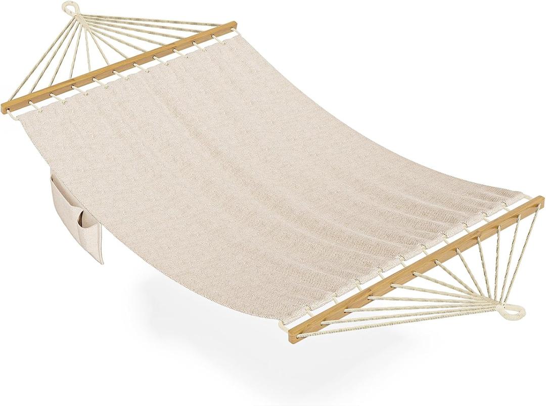 Hammock for Outside, Double Hammocks Without Stand, 2 Person, Spreader Wooden Bar, Side Storage, for Outdoor, Indoor, Patio (Beige)